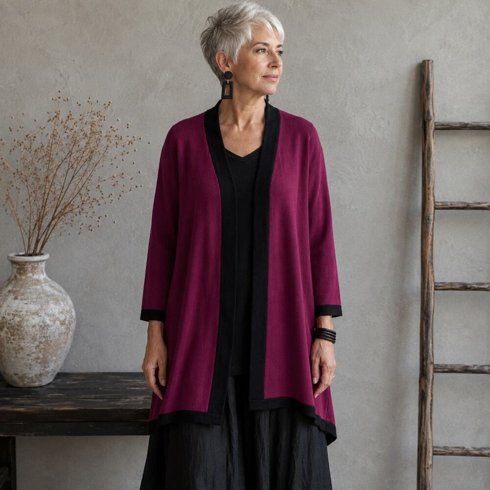 Misook Maroon Signature Knit Black Trim Open Cardigan Large